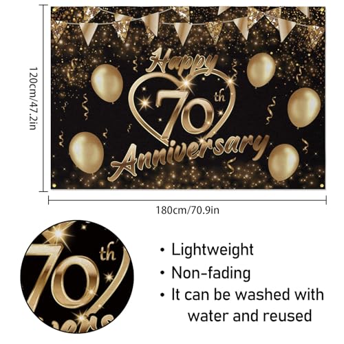 Happy 70th Anniversary Party Backdrop Banner - Black Gold Glitter