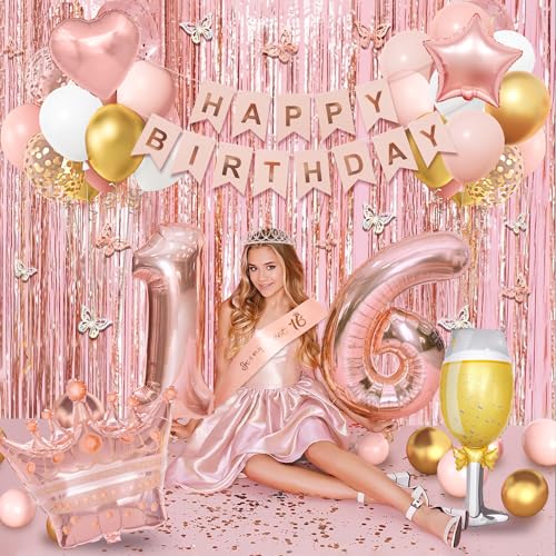 Rose Gold Sweet 16 Birthday Decorations Set for Girls