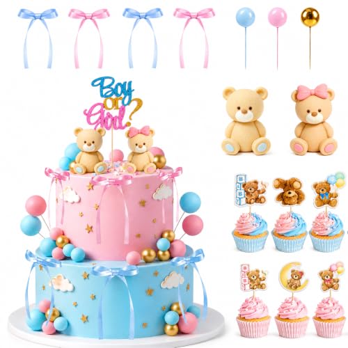 Gender Reveal Cake Decorations Kit - 36 PCS Teddy Bear Theme