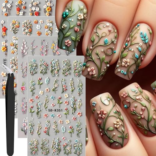 Brtavizvy 4 Sheets Spring Floral Nail Stickers with Tweezers - Green Vine Leaves, Colorful Petals, 5D Embossed Autumn Daisy Nail Decals (Multicolor)