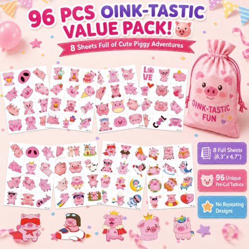 96 PCS Pre-Cut Pig Temporary Tattoos for Kids — Farm Animal Party Favors