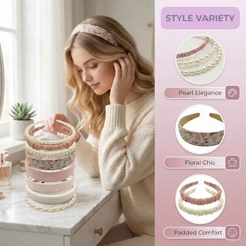 STANETCO Non-Slip Padded Pearl Headbands for Women - Pink, 8-Piece Set