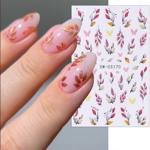 6 Sheets Fall Nail Art Stickers - 3D Self-Adhesive Floral Designs