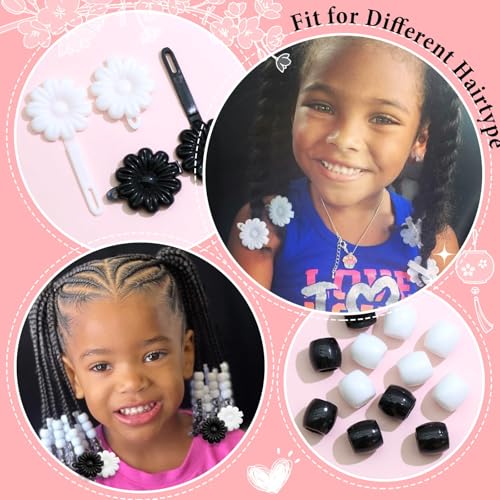 Venofen 60Pcs Black & White Braids Beads & Flower Barrettes for Hair - Dreadlock Accessories (Black & White)