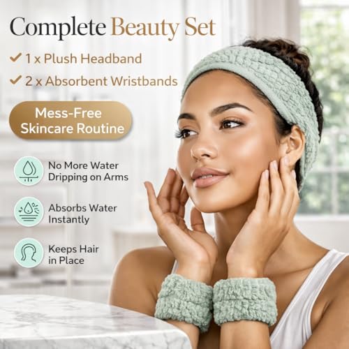 Sage Green Luxury Spa Headband & Wristbands Set for Skincare