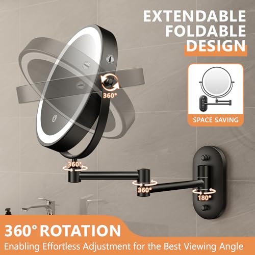 Auxmir 1X/30X Wall Mounted Lighted Makeup Mirror, 8" Rechargeable Double-Sided Magnifying Mirror with Light, Touch Dimmable 3 Color Light, 360¡Æ Rotation Foldable Extended Arm, Black