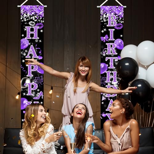 Purple Happy Birthday Banner Set - Glittery Porch Signs for Parties