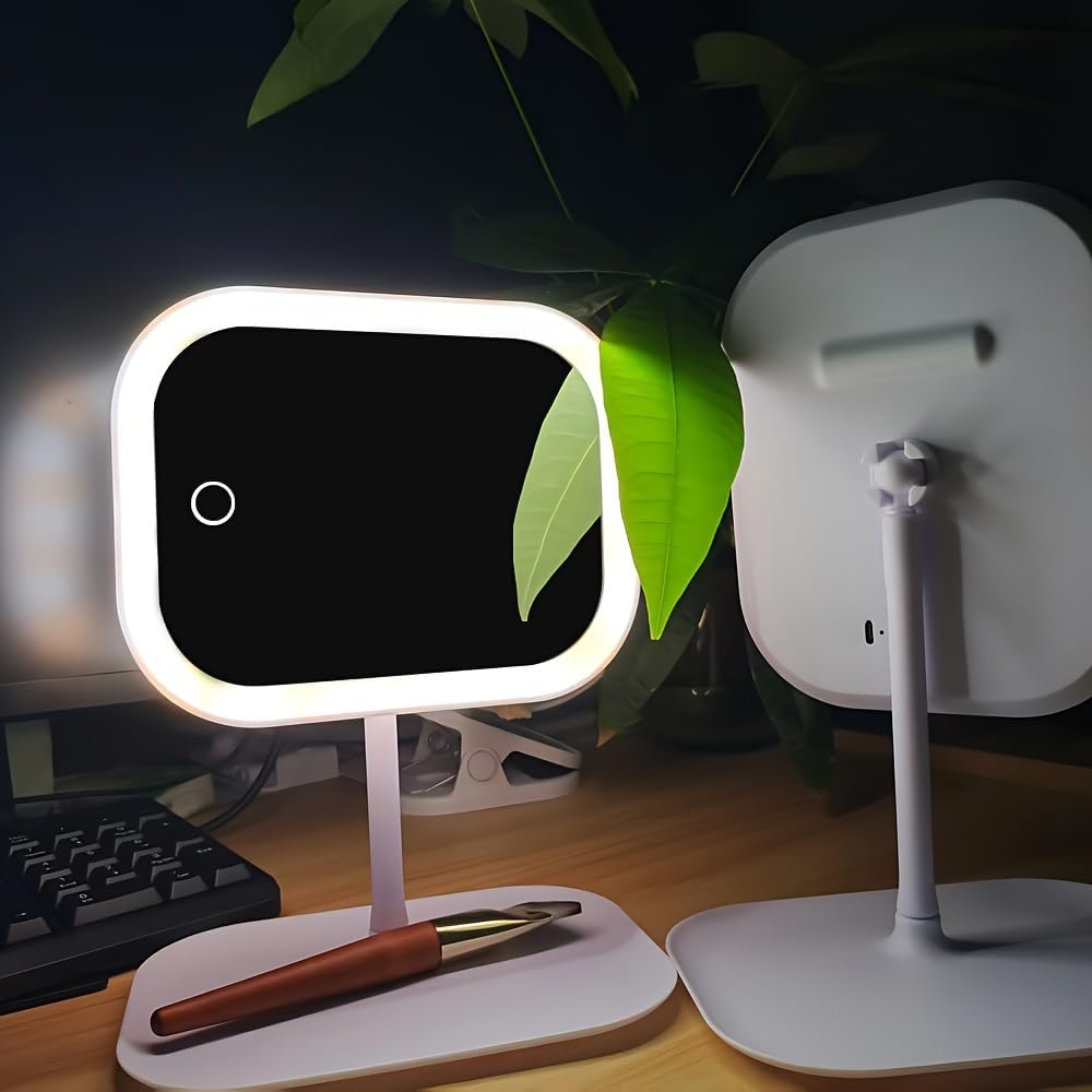 LED Vanity Mirror with Lights, 3 Light Settings Touch Control Dimmable Makeup Mirror, USB Rechargeable Portable Travel Mirror with Rotating Stand, Desktop Cosmetic Accessory for Home Dorm Desk, White