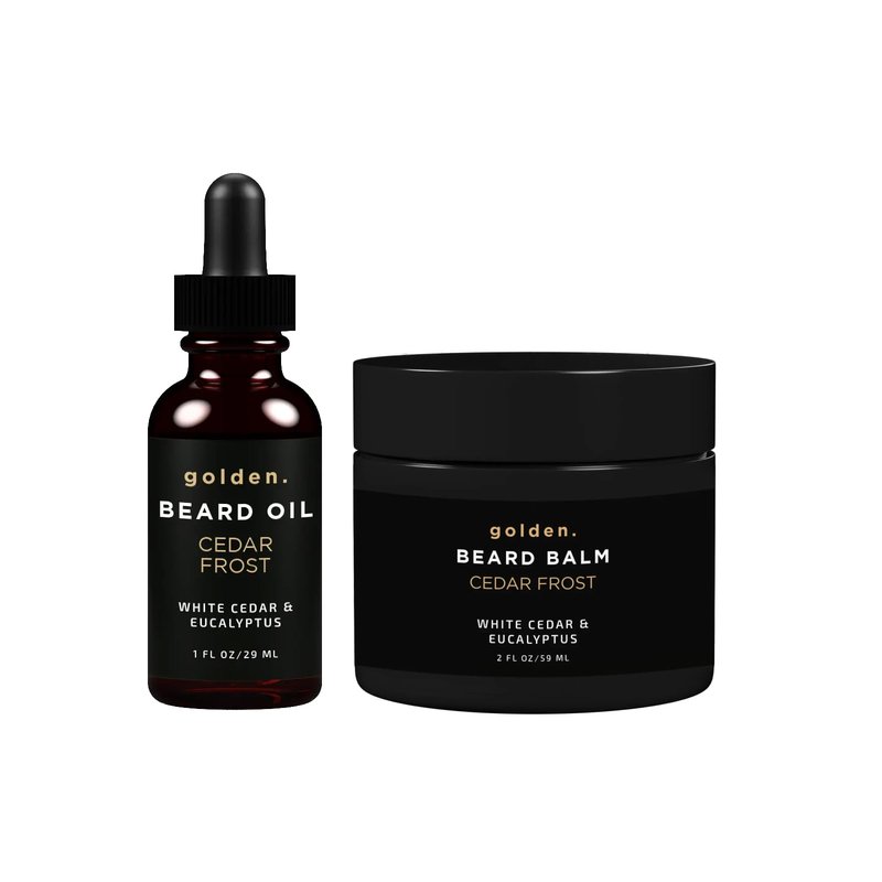 Golden Grooming Beard Bundle for Black Men - Natural Growth Kit with 2oz Balm & 1oz Oil - Shea Butter Conditioner - Cedar Frost (Regular)