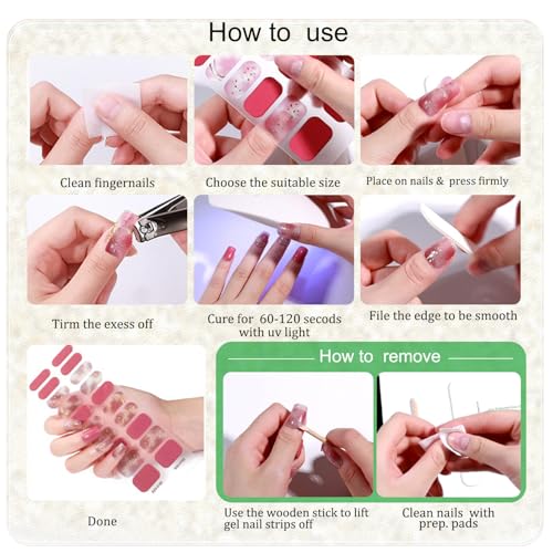 WOKOTO KIT5 Shiny Pink Cat Eye Semi Cured Gel Nail Strips Full Wraps for Women