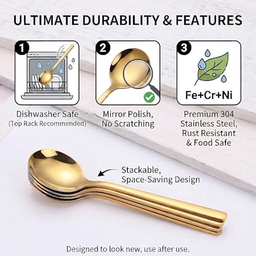 Gold Stainless Steel Coffee Spoons Set - 8-Piece, 5.24-Inch Dessert Spoons