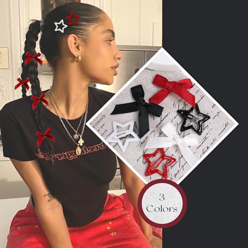 YAEISM 24PCS Red Star Hair Clips Mini Bow Hair Bows for Women & Girls