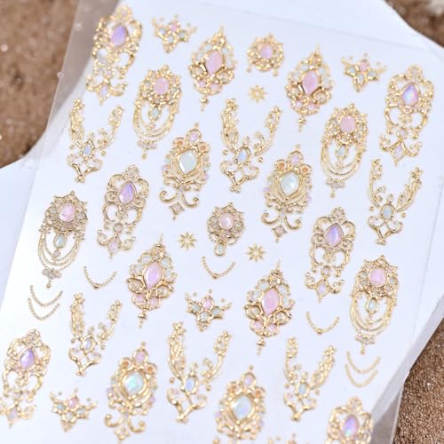HPYFOI Style-10 Gold Nail Stickers with Gemstone & Filigree Design, Self-Adhesive 3D Nail Art Decals for Women & Girls