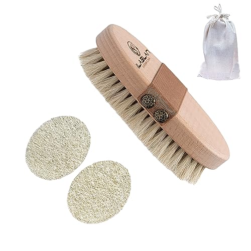 Dry Body Brush for Lymphatic Drainage & Cellulite Reduction with Natural Horse Hair & Facial Loofah Pads