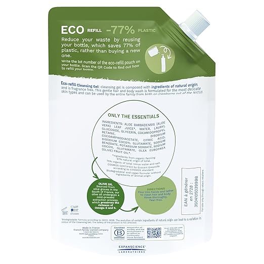 Mustela Eco-Refill Organic Cleansing Gel - Fragrance-Free Hair & Body Wash for All Ages - 13.52 fl. oz.