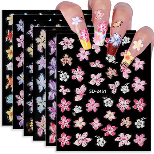 Hibiscus Flower Nail Stickers - 5D Embossed Floral Decals (6PCS)