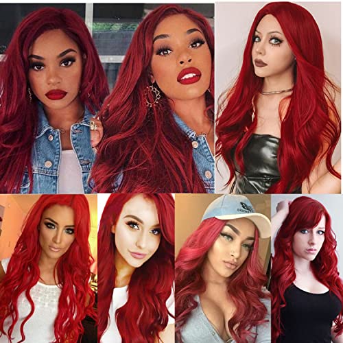 Bright Red Long Wavy Wig for Women - Heat Resistant Cosplay & Party Use