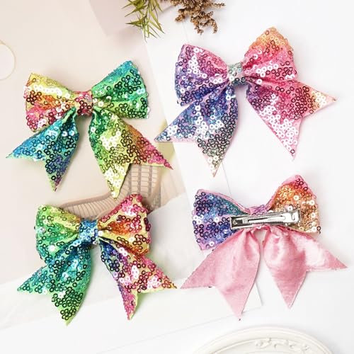 3-Inch Rainbow Sequins Hair Bows Clips - 2 Pack for Girls