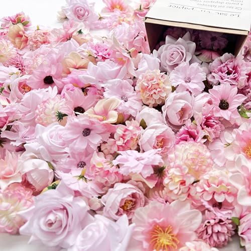 Artificial Pink Silk Rose Flower Heads - 50 Pack for DIY Crafts