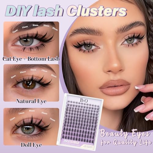 B&Q Fairy Lash Clusters - DIY Lash Extension at Home Beginner-Friendly Manga Lashes, 144pcs Eyelash Clusters with 0.3mm Invisible Band & Waterproof, Salon Look for Daily Work & Parties £¨Fairy 8-18mm£©