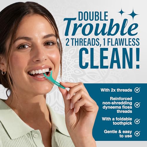 GuruNanda Dual Slickers Floss Picks 150 Ct - Double Threaded Dyneema Dental Floss with Foldable Toothpick - Unflavored, 1 Foot Pack