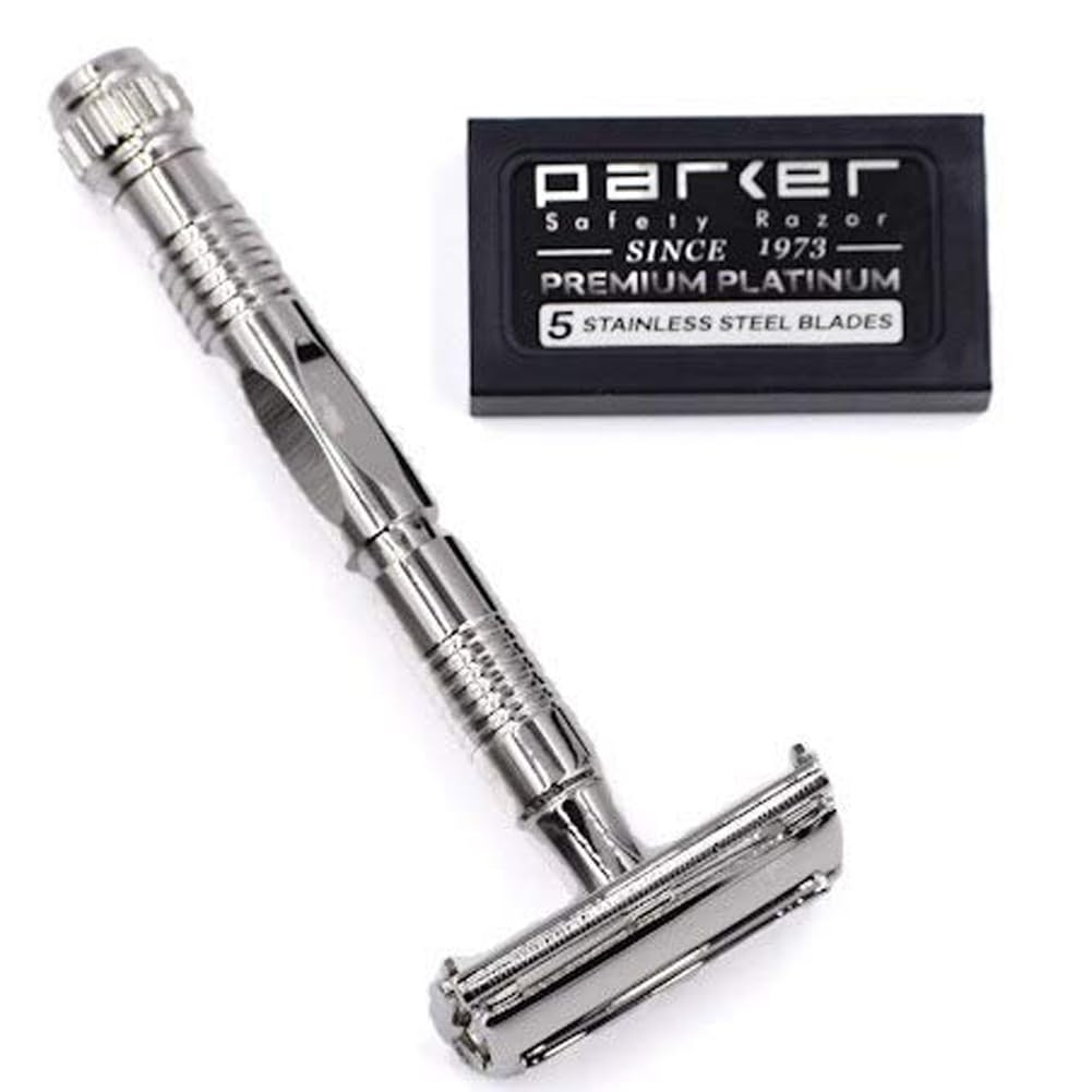 Parker, 90R Nickel Plated Long Handle Butterfly Open Double Edge Safety Razor for Men, 5 Parker Premium Platinum Double Edge Razor Blades Included