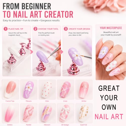 HAIY 35Pcs Nail Art Practice Kit with Magnetic Nail Stands & Dotting Pens - Style A