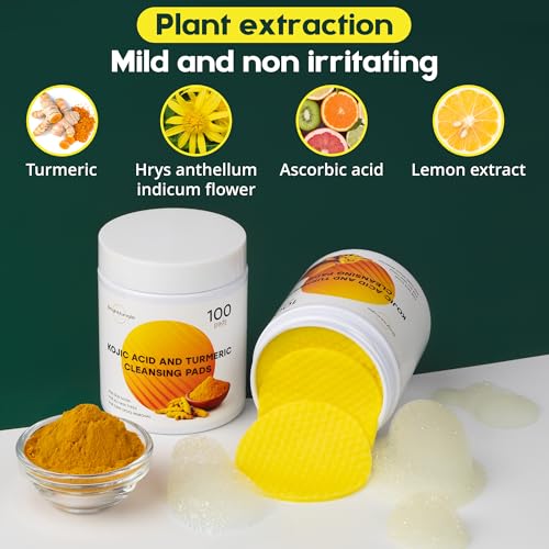 Kojic Acid & Turmeric Cleansing Pads - 100 Pre-soaked Pads for Face & Body