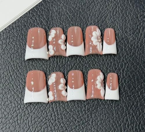 Large Handmade Press-On Nails Set with 3D Flower French Tip - Nude Pink