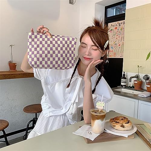 Dalulu Green & White Y2K Checkered Makeup Bag - Large Capacity Travel Organizer