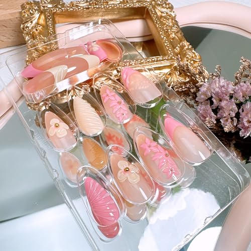 24Pcs French Tip Press on Nails - Floral Acrylic Nail Art