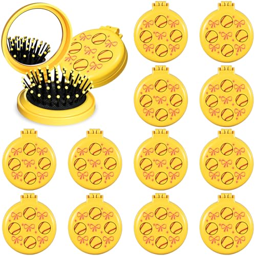 12 Pcs Softball Mini Hair Brush with Mirror – Folding Travel Hairbrush Set