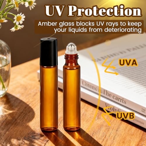 54 Pack 10ml Amber Glass Roller Bottles with Stainless Steel Roller Balls