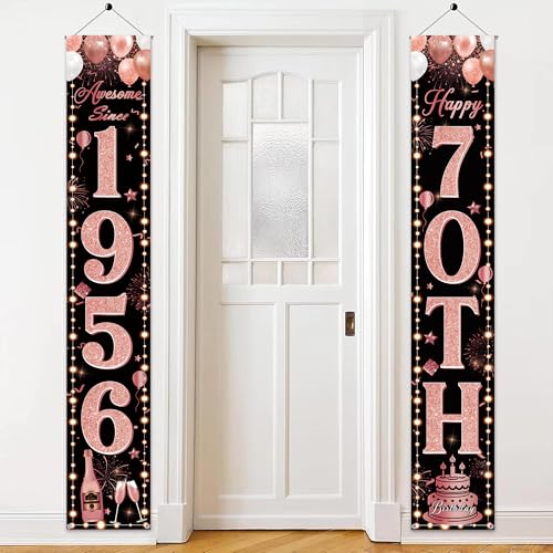 70th Birthday Banner Set - Black Rose Gold Decor for Women