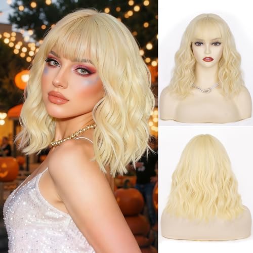 NAYOO 14-Inch Short Blonde Bob Wig with Bangs - Synthetic Heat-Resistant