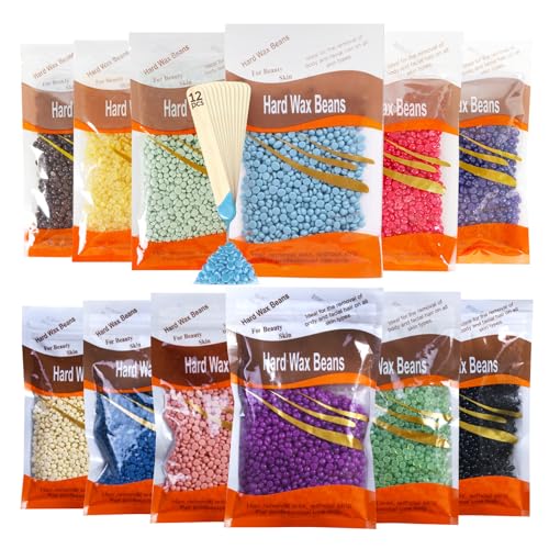 JunKuJK Hard Wax Beads for Hair Removal, 12-Pack with Applicator Sticks