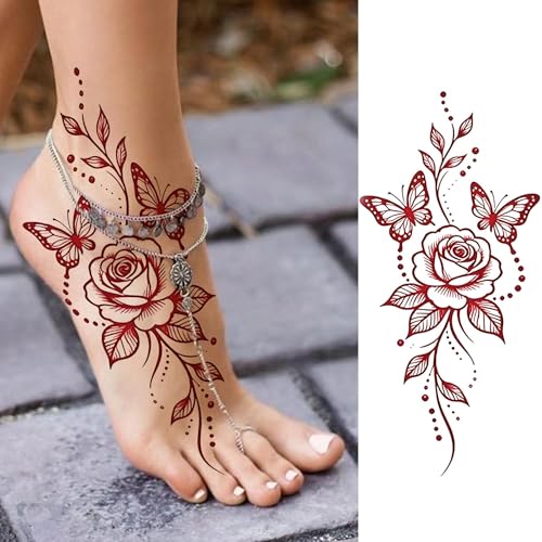 12 Sheets Beautiful Butterfly Flowers Temporary Tattoos For Women Feet Hands Body Art, Realistic Rose Peony Floral Fake Tattoo Sticker For Legs Ankle, Waterproof Lily Dreamcatcher Temp Tatoos Decals