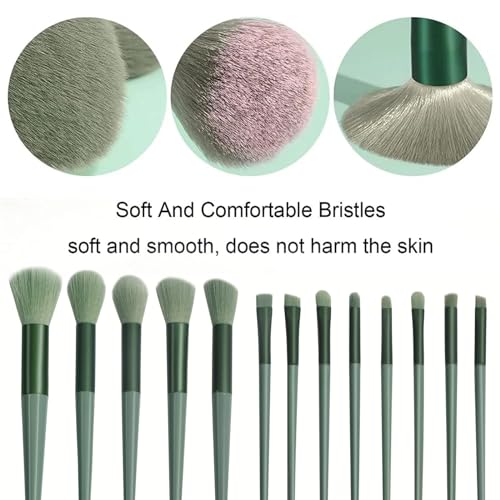 SruidyLady Green Makeup Brush Set 13 Pcs - Synthetic Face & Eye Brushes