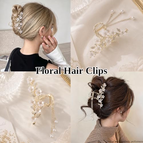 KICOSY 2 Pack Flower Claw Clips with Pearl Tassel - Gold Floral Hair Accessories for Women, White Variant