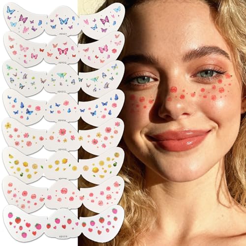 Tiebblove Colorful Butterfly Flower Face Freckle Stickers - Glitter Temporary Tattoos for Women, Festivals & Parties