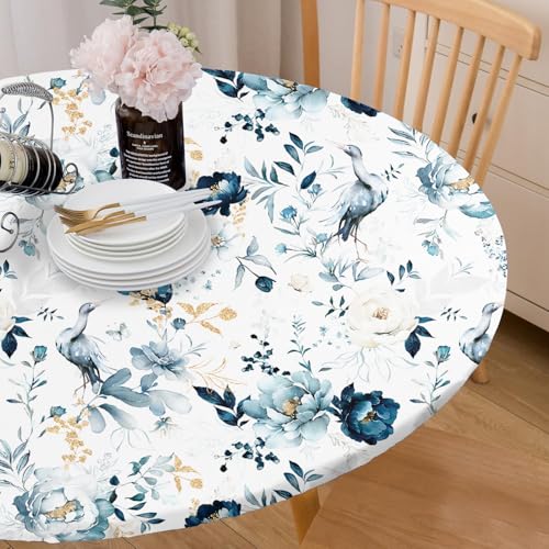 Round Elastic Tablecloth for 36-44" Tables - Blue Flower & Bird Design
