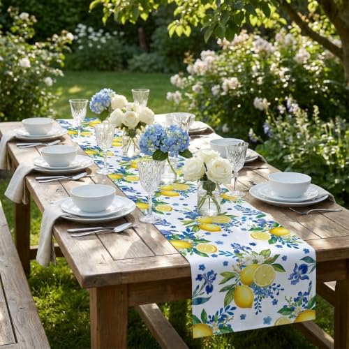 Lemon & Blue Floral Table Runner - 90 x 13 Inch Linen Fabric