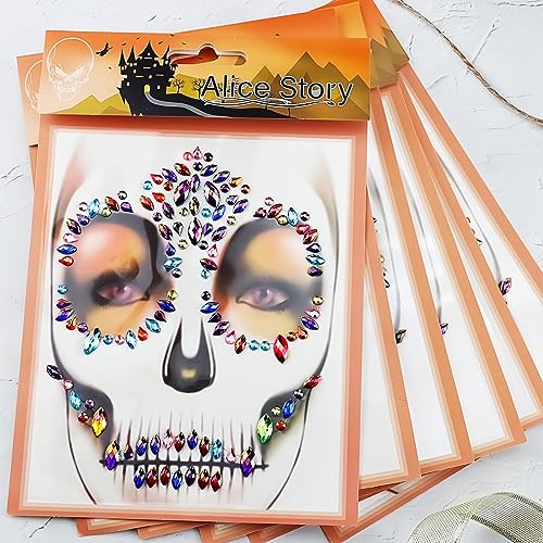 Doneace Style3 Blue Halloween Skeleton Face Gems & Rhinestone Tattoos - Reusable Face Stickers
