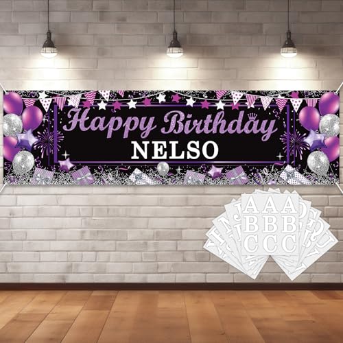 Personalized Black & Purple Happy Birthday Banner with Custom Name