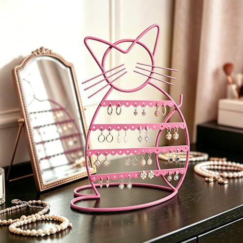 Cat-Shaped Earring Organizer - 48 Hole Jewelry Display for Girls