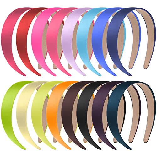 Anezus 16 Pack Multicolor Satin Headbands 1 Inch Non-Slip Hair Bands for Women & Girls DIY Crafts