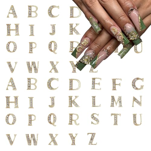 52 Pcs Gold 3D Alphabet Nail Charms – Rhinestone Initial Letters for Nail Art