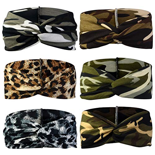 6-Pack Camo & Leopard Headbands for Women - Elastic Hair Wraps