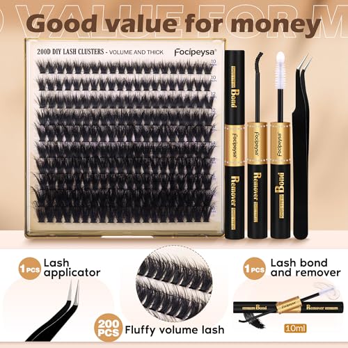 Focipeysa DIY Lash Extension Kit with 200 Cluster Lashes, Bond & Remover