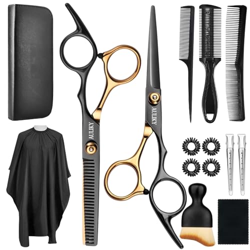 AULikY Professional Hair Cutting Scissors Set 15 Pcs - Stainless Steel Shears for Salon & Home Use